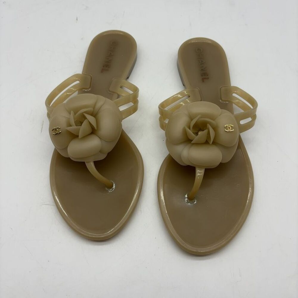 CHANEL Taupe Camellia Jelly Thong Sandals with Gold CC Accent